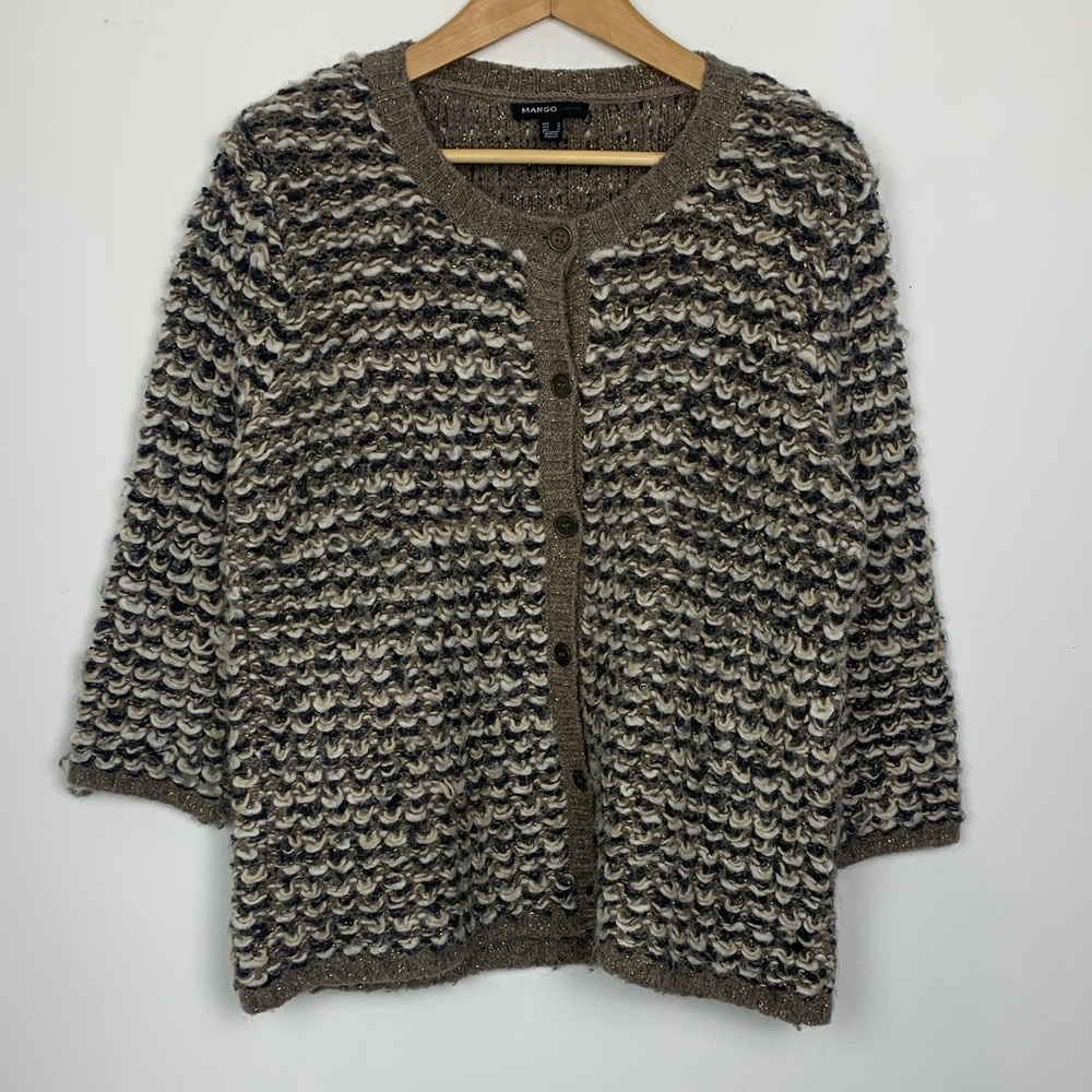 Textured Crochet Knit Button-Front Sweater Cardigan - Brown/Cream - Picture 4 of 10